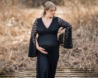 LAYLA black lace maternity dress |  Boho maternity wrap dress | Ruffle sleeve gown | Maternity dress for photo shoot | Jenny Aarrekangas