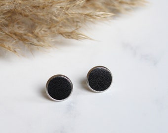 Circle 12 mm black stud earrings with surgical steel and reused leather by Jenny Aarrekangas