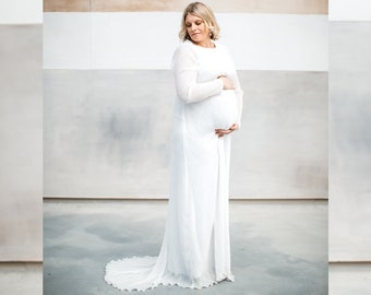 SAMPLE Sale, LILY, White Pleated Maternity Dress with train, White Maternity Photography Dresses For Pregnant Women, Wedding Evening Gown