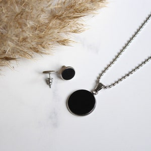 Circle black night pendant necklace stainless steel and reused leather image 1