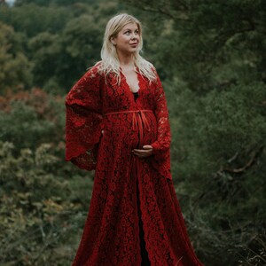 Alicia - Terra Cotta Red Boho Style Maternity Lace Robe Dress |  Boho Maternity dress | Long sleeve | boho maxi dress for Maternity Photoshoot