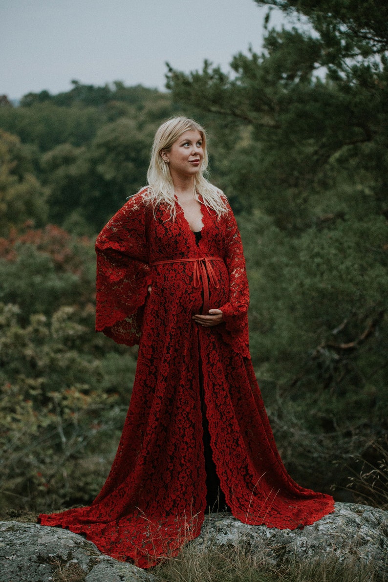 Alicia - Terra Cotta Red Boho Style Maternity Lace Robe Dress |  Boho Maternity dress | Long sleeve | boho maxi dress for Maternity Photoshoot