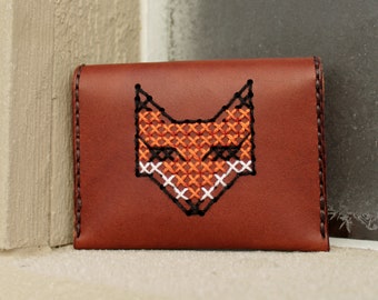 Fox Purse Handmade Brown Leather Purse Coin Purse Leather Wallet Card Holder Purse Hand Embroidery