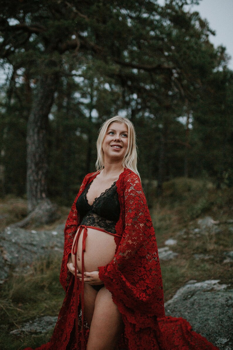Alicia - Terra Cotta Red Boho Style Maternity Lace Robe Dress |  Boho Maternity dress | Long sleeve | boho maxi dress for Maternity Photoshoot