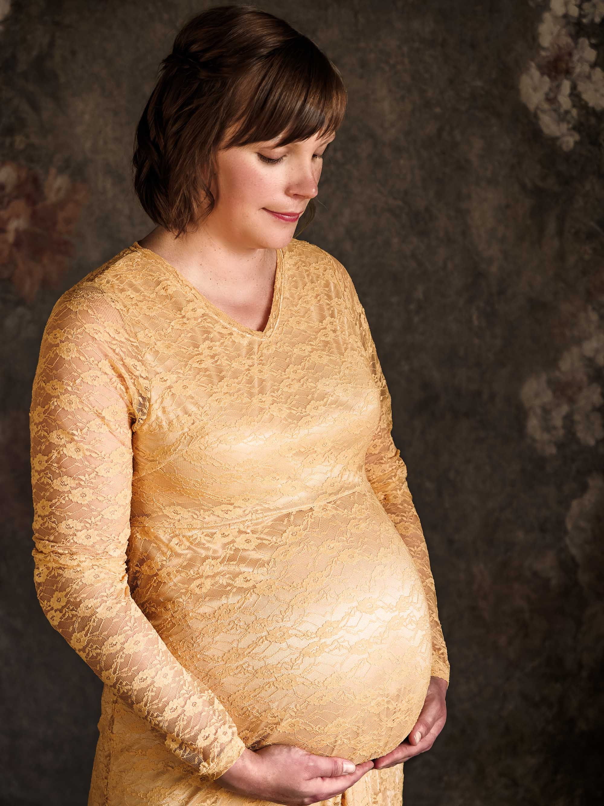 Gold Floral Sheer Lace Dress Maternity/ Non Maternity Photo Shoot Dress Adjustable Waist SY231061