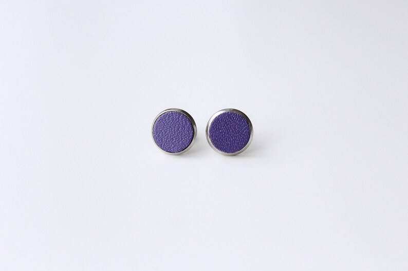 Circle 12 mm plummy purple stud earrings with surgical steel and reused leather by Jenny Aarrekangas image 1