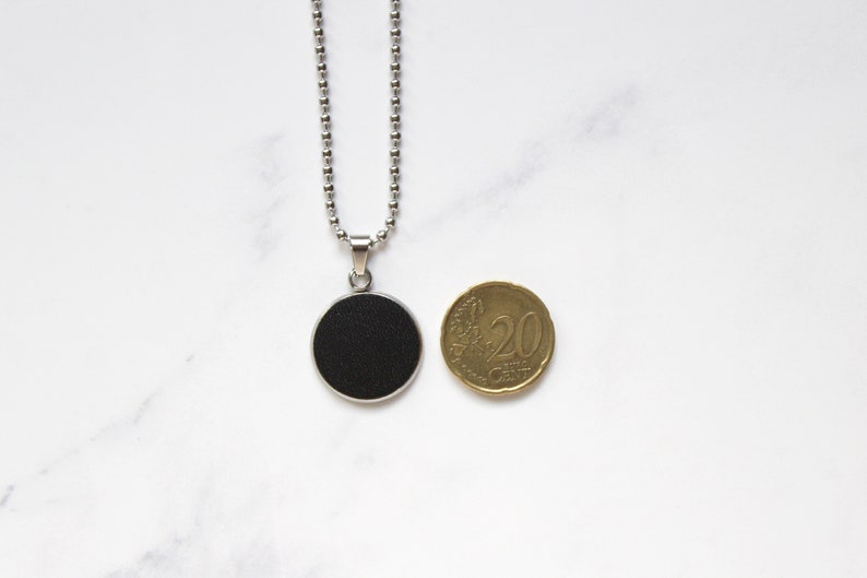 Circle black night pendant necklace stainless steel and reused leather image 3