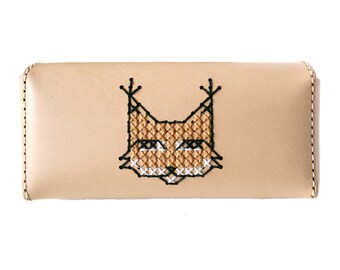 Lynx Natural Beige Leather Sunglasses Case or Clutch with Cross Stitch Animal