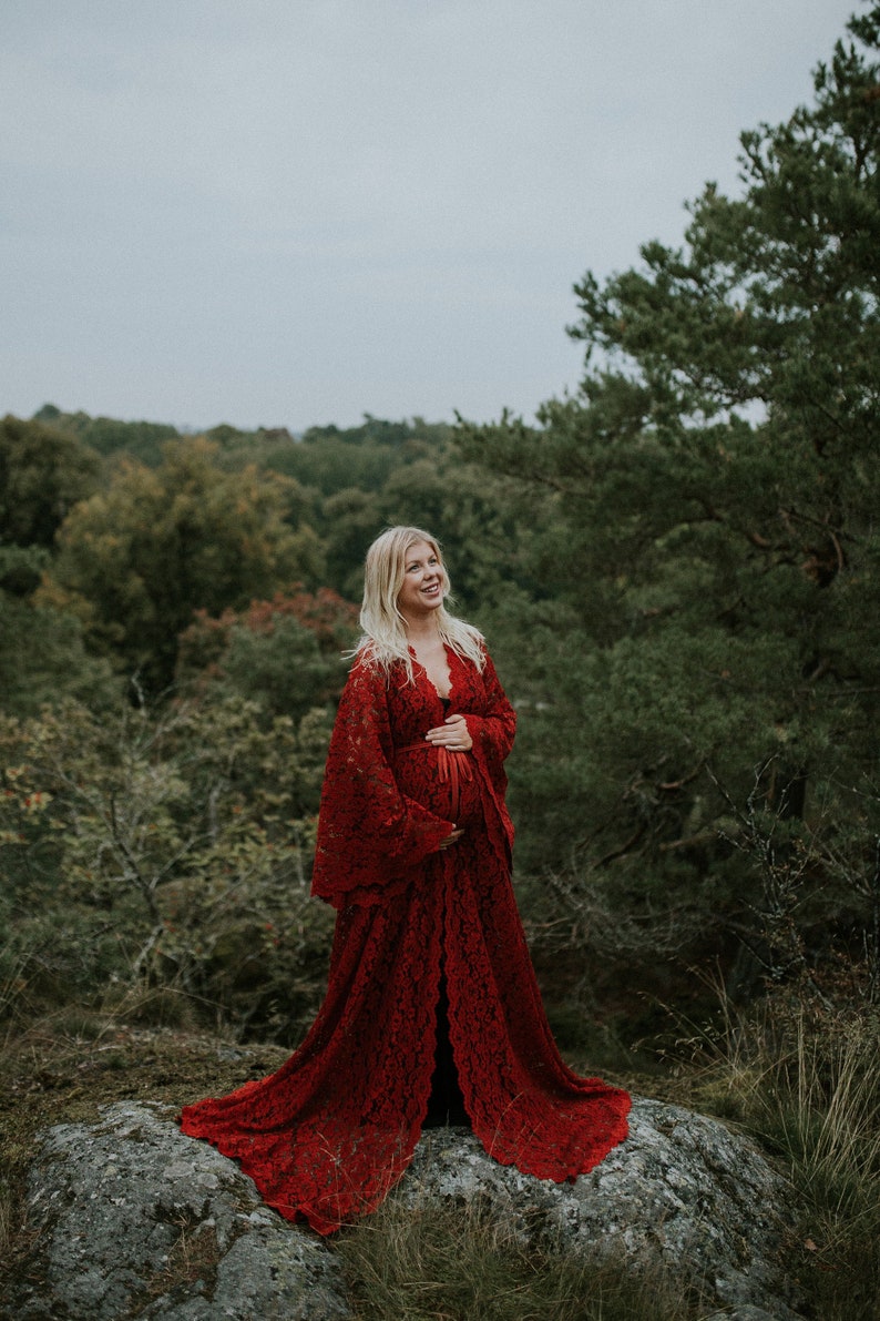 Alicia Red Boho Style Maternity Lace Robe Dress Boho Maternity dress Long sleeve boho maxi dress for Maternity Photoshoot image 1