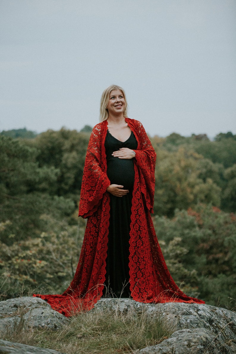 Alicia - Terra Cotta Red Boho Style Maternity Lace Robe Dress |  Boho Maternity dress | Long sleeve | boho maxi dress for Maternity Photoshoot