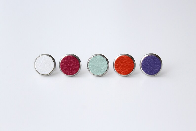 Circle 12 mm plummy purple stud earrings with surgical steel and reused leather by Jenny Aarrekangas image 5