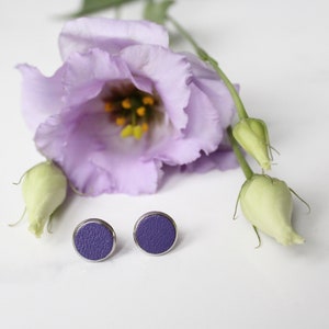 Circle 12 mm plummy purple stud earrings with surgical steel and reused leather by Jenny Aarrekangas image 2