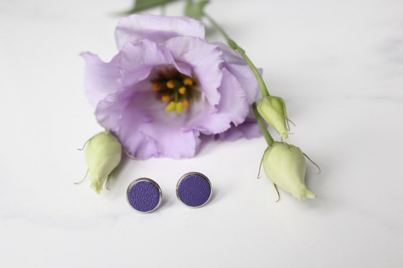 Circle 12 mm plummy purple stud earrings with surgical steel and reused leather by Jenny Aarrekangas image 2