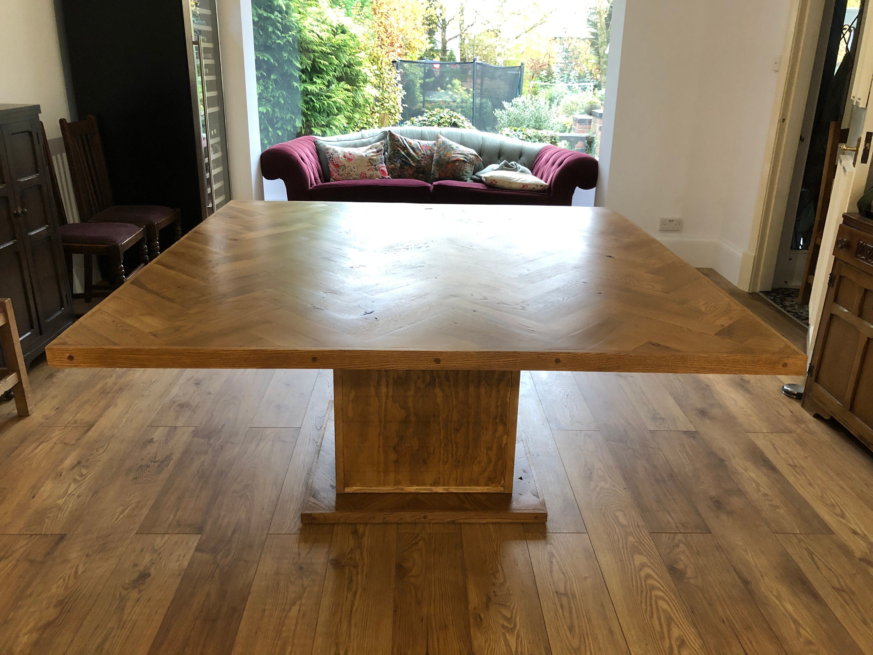 Square Parquet Dining Table Solid Oak Herringbone Design Bespoke