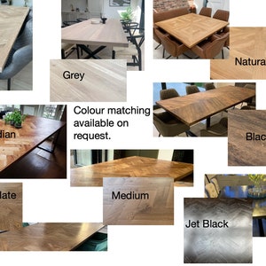 May include: A collage of different wood table top finishes, including white, grey, natural, Canadian cedar, chocolate, medium, jet black, and black. The text "Colour matching available on request." is also included.