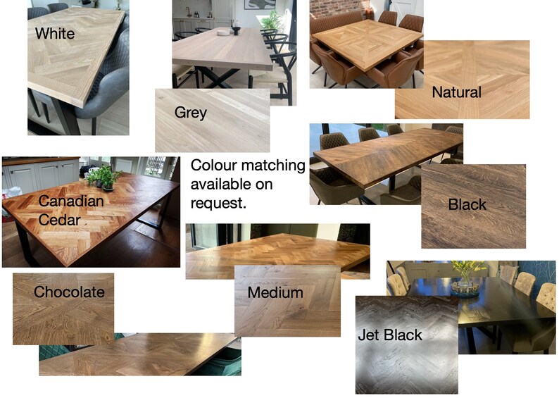 May include: A collage of different wood table top finishes, including white, grey, natural, Canadian cedar, chocolate, medium, jet black, and black. The text "Colour matching available on request." is also included.