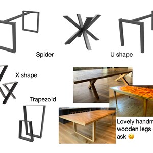 May include: Various styles of table legs, including box, spider, U shape, X shape, and trapezoid. The image also shows examples of tables with wooden legs.
