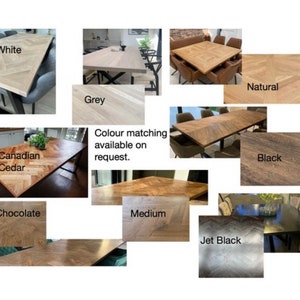 May include: A collage of different wood finishes for a table top. The finishes include white, grey, natural, black, jet black, chocolate, Canadian cedar, and medium.