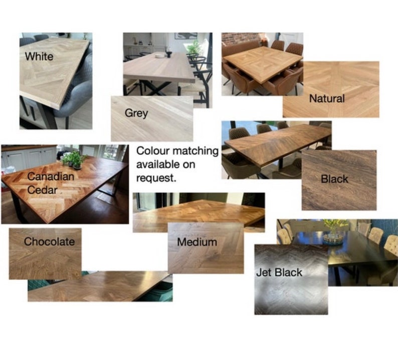 May include: A collage of different wood finishes for a table top. The finishes include white, grey, natural, black, jet black, chocolate, Canadian cedar, and medium.