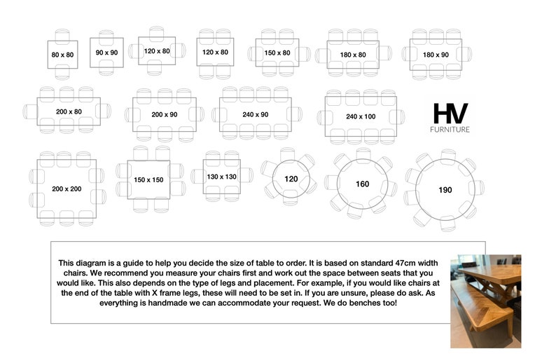 May include: Diagram showing different table sizes in inches with chairs around them. The table sizes range from 80 x 80 inches to 240 x 100 inches. There are also round tables with diameters of 120, 160, and 190 inches. The text says "This diagram is a guide to help you decide the size of table to order. It is based on standard 47cm width chairs. We recommend you measure your chairs first and work out the space between seats that you would like. This also depends on the type of legs and placement. For example, if you would like chairs at the end of the table with X frame legs, these will need to be set in. If you are unsure, please do ask. As everything is handmade we can accommodate your request. We do benches too!"