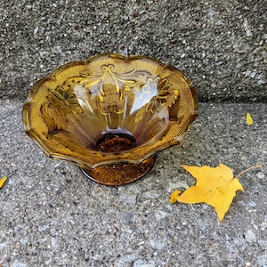 Vintage Amber Glass Floral Bowl pedestal