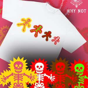 Y2K Color Skeleton Tee - Neon Bones Cartoon Shirt, Warum nicht Streetwear, Retro Grunge Ästhetik, Funky 2000s Vibes Übergroßes T-Shirt Boxy Fit