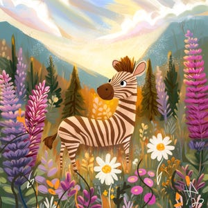 Op de afbeelding: Een digitale illustratie van een zebra die in een veld met kleurrijke wilde bloemen staat, waaronder hoge paarse lupinen en witte madeliefjes, met groenblijvende bomen en een zachte, gloeiende lucht op de achtergrond. De zebra heeft bruine en witte strepen.