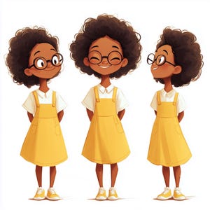 May include: A character illustration featuring three poses of a child with dark curly hair, wearing round black glasses, a white collared shirt, a yellow pinafore dress, and yellow trainers. The child is shown from the front and side angles.
