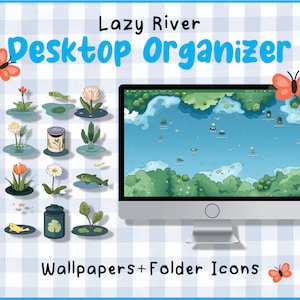 Pode incluir: Um organizador de desktop com o tema Lazy River. O fundo do desktop é um rio azul com árvores verdes e ilhas. Os ícones das pastas são várias imagens com tema de natureza, incluindo flores, peixes e uma lata. O texto "Lazy River Desktop Organizer" está na parte superior da imagem, e o texto "Wallpapers + Folder Icons" está na parte inferior.