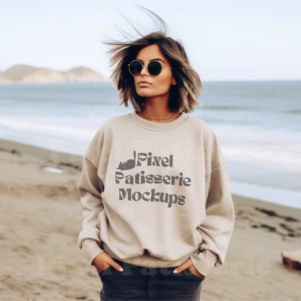 JERZEES 562MR Sandstone Sand Beige NuBlend® Sweatshirt Mockup | Neutral Beach Ocean Mock-up Sweater Cozy Blonde Brunette Outside Context