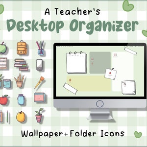 Lehrer Schreibtisch Organizer || 10 Wallpapers & 16 Icons || Niedlich, sauber, gemütlich, ordentlich, Salbei