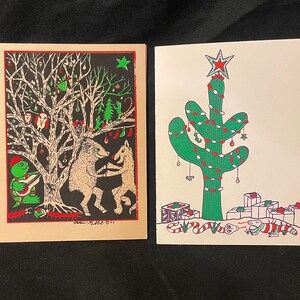 Paire de cartes de Noël d'art du sud-ouest sérigraphiées à la main sur papier canson. Unique, fantaisiste, animaux, ludique