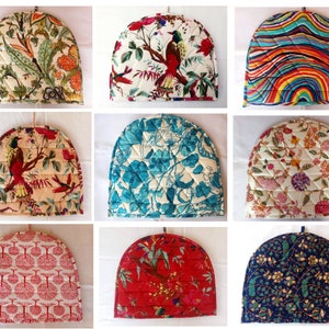 May include: Nine different tea cozy designs. The cosies are made of fabric and have a variety of patterns, including floral, geometric, and abstract designs. The cosies are all in different colors, including red, blue, green, and white.