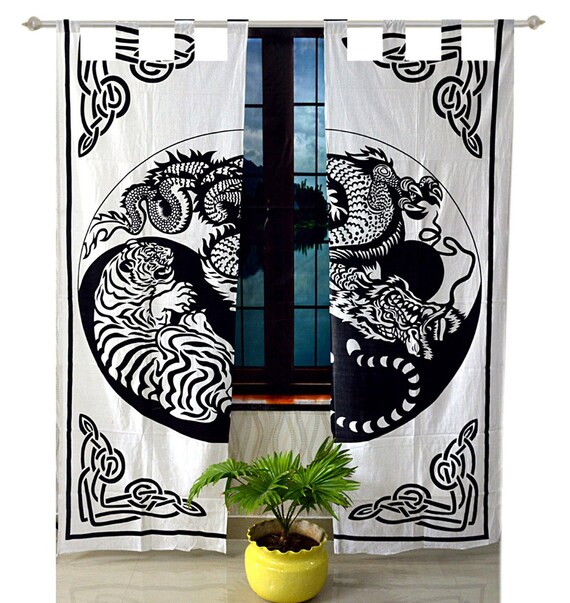 Black White Tab Top Curtains Dragon Tiger Wall Hanging Drape Etsy