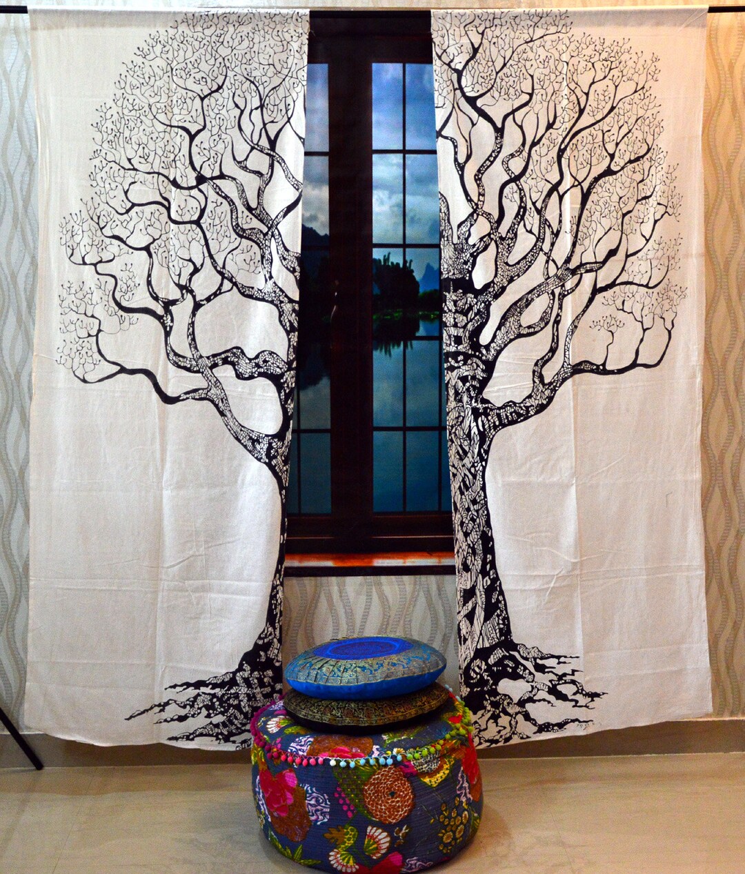 Tree of Life Curtains Living Room Curtain Boho Black and White Etsy