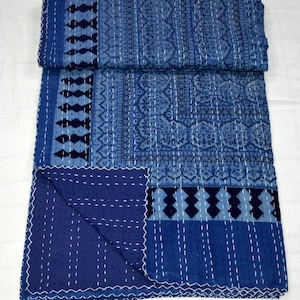 Edredón Kantha de algodón indio hecho a mano, ropa de cama bohemia, cubrecama, manta de tela de algodón, edredón vintage Gudari kantha