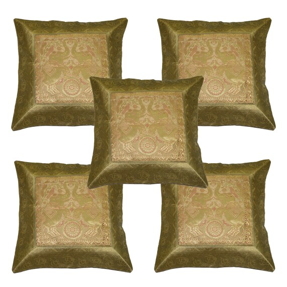 Indian Brocade Cushion Covers Brown Handmade Pillow Cases Home Decor Set of 2