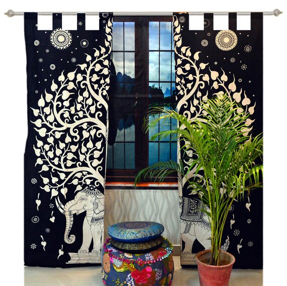 Urban Elephant Mandala Curtains Set Decorative Indian Tapestry Tab Top Curtains