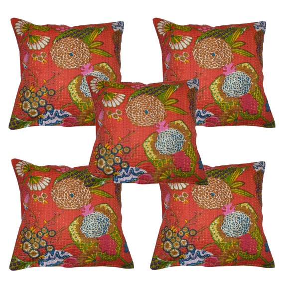 Beautiful Handmade Kantha Cushion Cover Fruit Print Cotton Ethnic Indian Hand Stitched Kantha Cushion Designer Pillows Throw Active