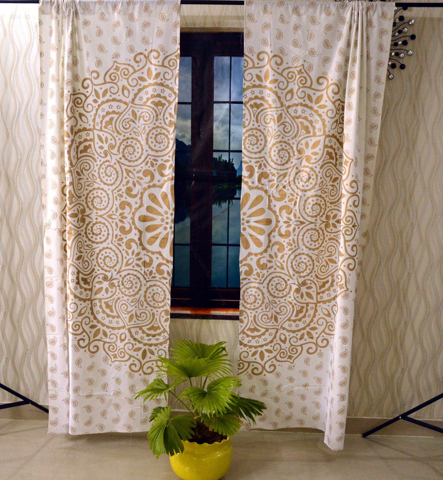 Tür hängen Fenster Behandlung Baumwolle Vorhang Indische Gold Pfau Mandala Kunst Tür hängen Fenster Behandlung Baumwolle Vorhang Indische Gold Pfau Mandala Kunst