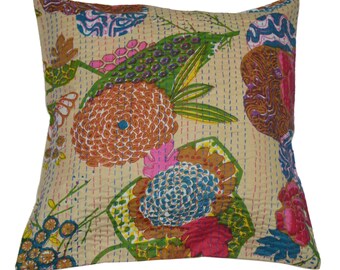 Fruit Print Handmade Kantha Pillow Cover Home Decorative quilted Hand Stitched Cushion Cover Living room Cotton Pillowcase Tropicana Print