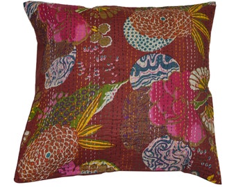 Indian Fruit Print Handmade Kantha Pillow Cover Decorative Cotton quilted Hand Stitched Cushion Cover Living room Pillowcase Tropicana Print
