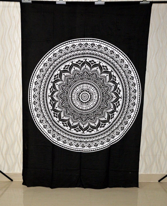 Indian Screen Printed Mandala Tapestry Black White Ombre Wall Etsy