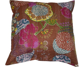 Indian Handmade Floral Design Kantha Cushion Cover Cotton Hand Stitched Fruit Print Pillow Cases Bohemian Beautiful pillow covers Throw