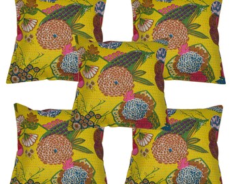 Handmade Printed Kantha cushion covers, Floral Print Indian Cushion Cover, Indian Pillow, Tropicana Pillow throw, Indian Boho Printed Pillow