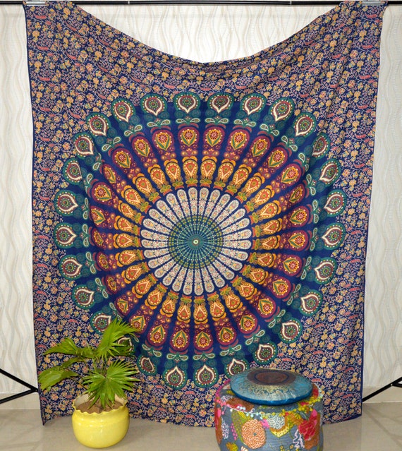 Mandala Indian Tapestry Peacock Design Bedroom Decor Wall Hanging Throw Boho Tapestry Bedspread Dorm Decor Table Cloth Multi Purpose