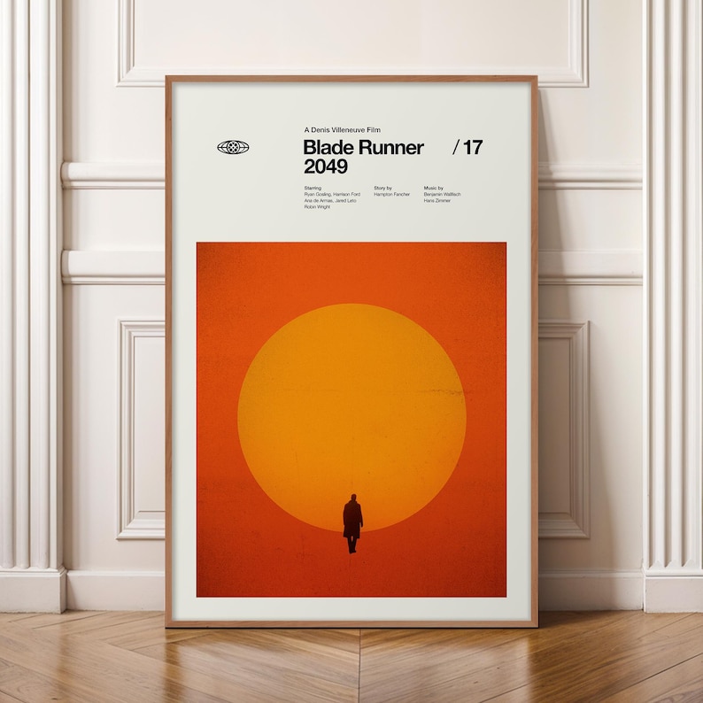 Póster de Blade Runner 2049, lámina minimalista de película, arte mural de estilo moderno de mediados de siglo, póster de ciencia ficción de Denis Villeneuve, arte cinematográfico de Ryan Gosling imagen 1