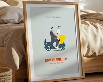 Plakat „Rzymskie wakacje” – minimalistyczny plakat filmowy, sztuka ścienna w stylu mid-century modern, plakat z Audrey Hepburn, sztuka Gregory'ego Pecka, plakat z Williamem Wylerem
