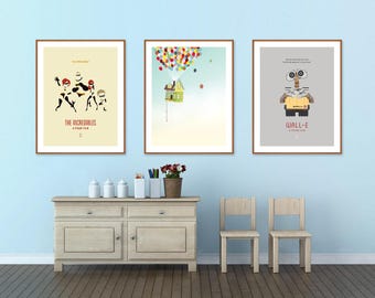 Pixar Posters - Minimalist Poster, The Incredibles Poster, Pixar Up Poster, Wall E Movie Poster, Kid's Room Wall Art, Pixar Movie Poster Set