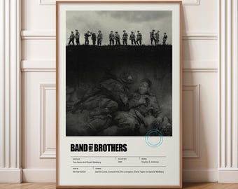 Band of Brothers poster, minimalistische tv-showprint, moderne muurkunst uit het midden van de eeuw, Spielberg Hanks WWII-serie poster, decor retro oorlogsdrama